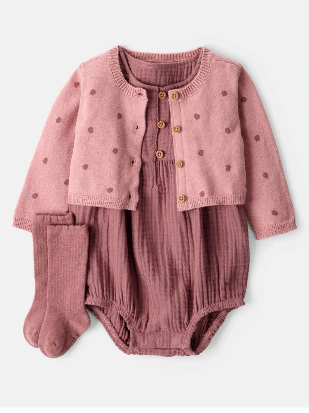 Pink Baby Girl Knit Cardigan & Romper Set with Tights